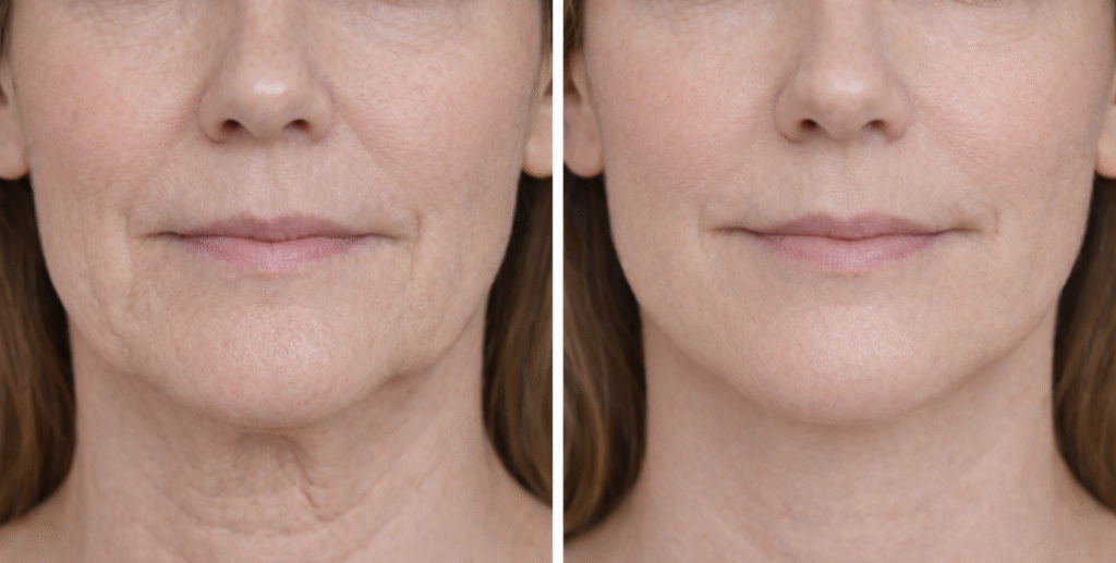 Comparação clínica em close da região inferior da face, do sulco infraorbital ao pescoço, mostrando antes e depois de tratamento estético. À esquerda, presença de sulco nasolabial mais profundo, início de linhas de marionete, leve formação de jowls e menor definição do contorno mandibular. À direita, suavização dos sulcos, melhora do suporte do terço médio e maior definição da linha da mandíbula, com pele de textura natural e uniforme.