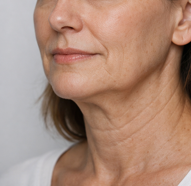 Vista lateral aproximada de rosto feminino maduro com sinais de derretimento facial, incluindo presença de bigode chinês, linha de marionete e início de “bulldoguinho”, com redução da definição da mandíbula.