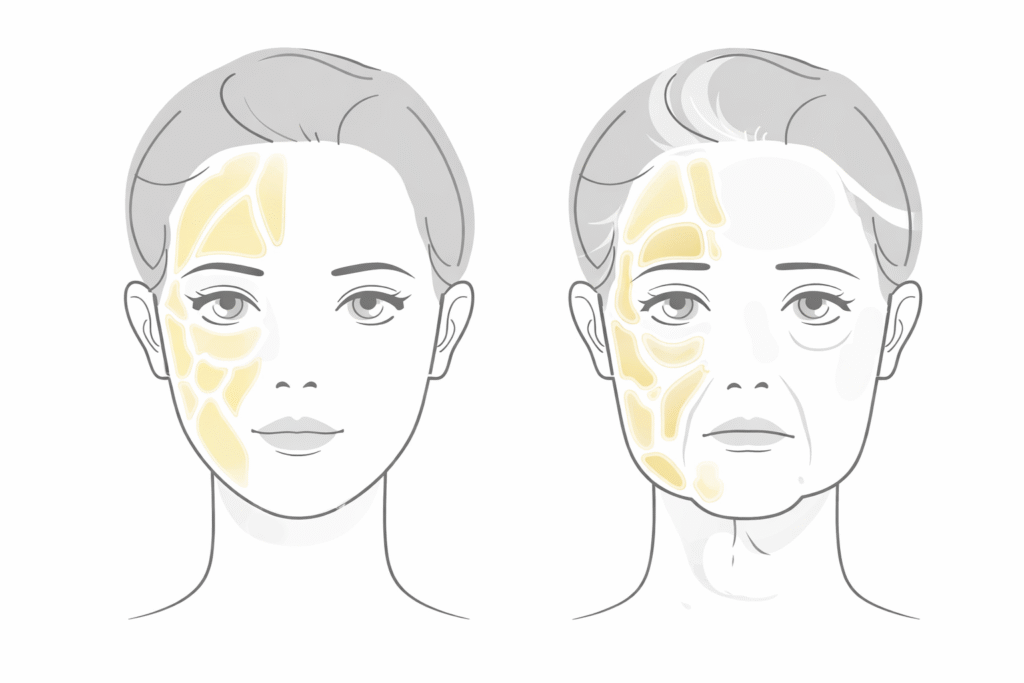 Ilustração comparativa do envelhecimento facial mostrando a redistribuição dos compartimentos de gordura. À esquerda, face jovem com volume equilibrado e sustentação no terço médio. À direita, perda de volume e queda dos tecidos, com sulcos nasogenianos, linhas de marionete e perda de definição da mandíbula.