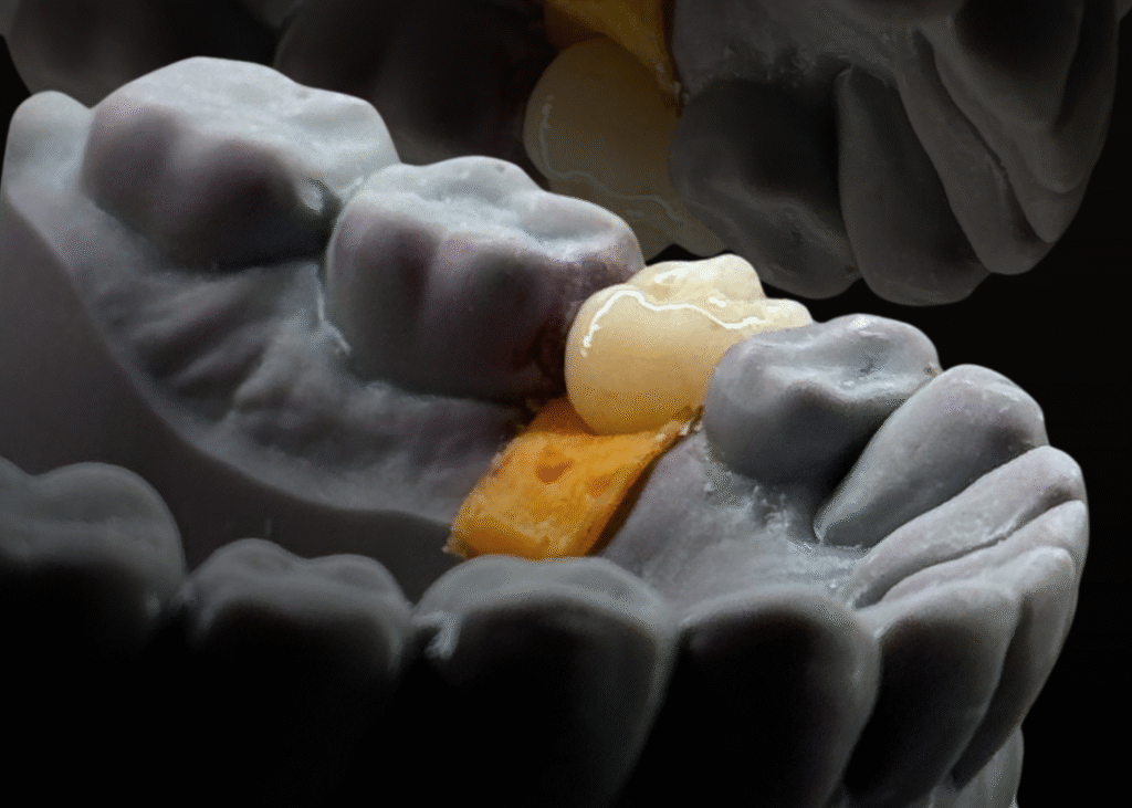 Coroa dentária sobre implante em cerâmica posicionada sobre modelo de arcada, destacando anatomia e textura da superfície, com aparência semelhante a um dente natural.