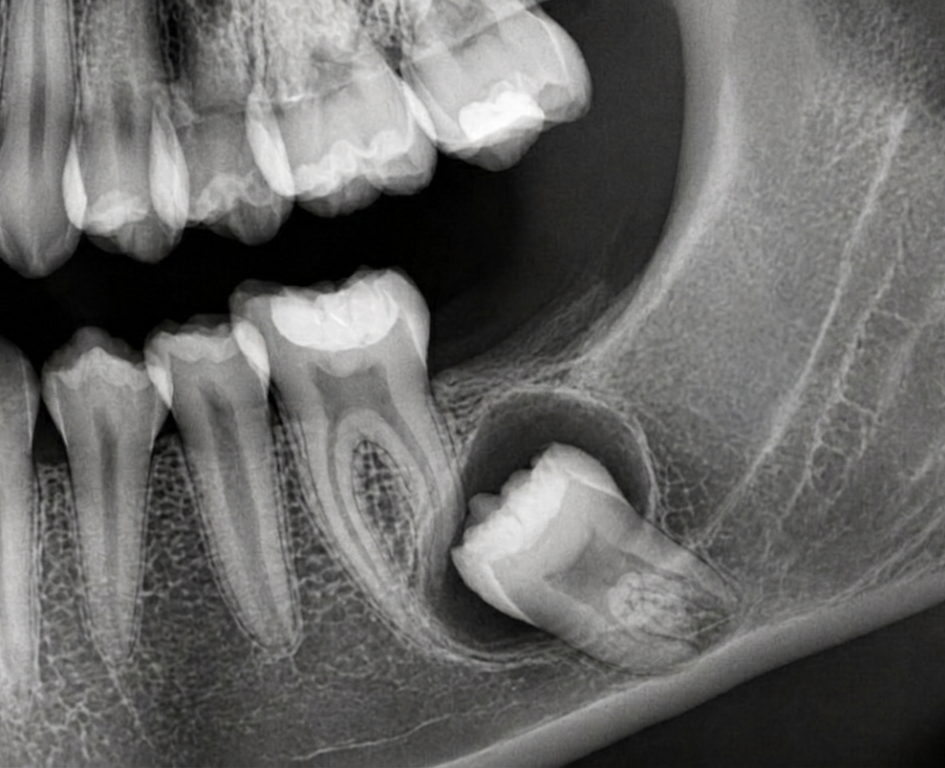 Radiografia mostrando siso incluso associado a lesão cística na região mandibular.