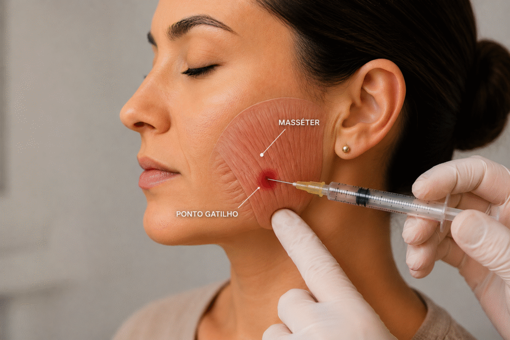 Imagem ilustrativa da aplicação do bloqueio anestésico de ponto gatilho no músculo masseter para controle da dor muscular da face e tensão relacionada à DTM e bruxismo.