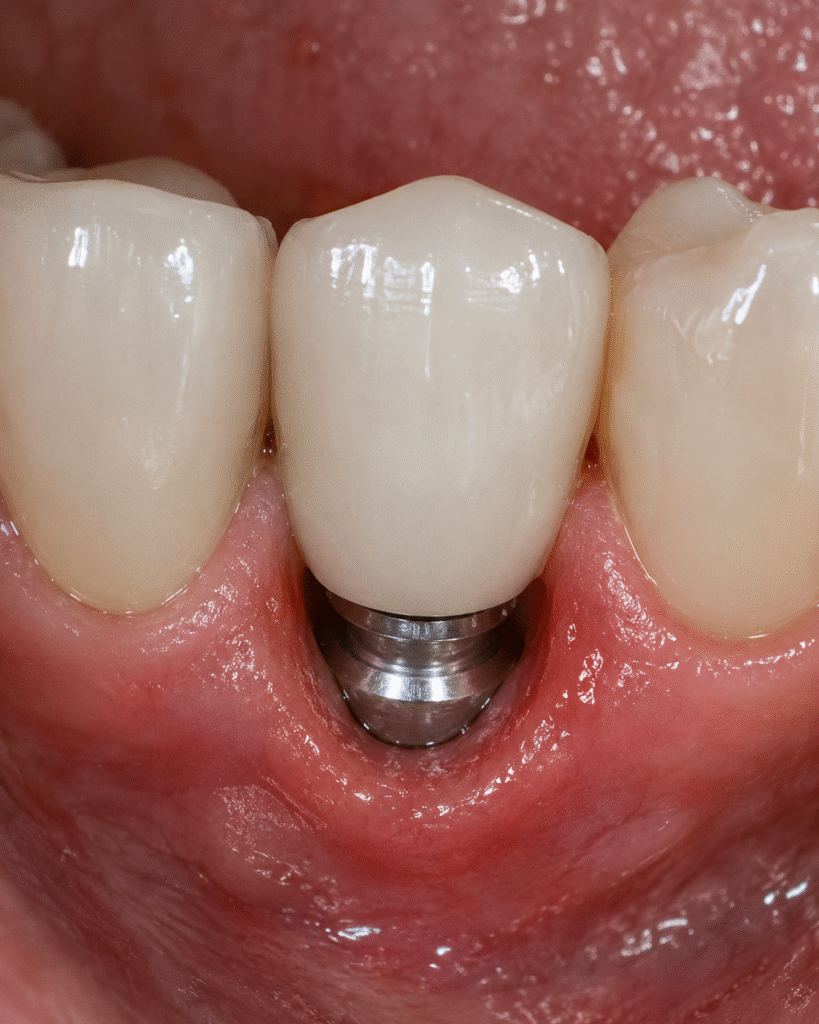 Ilustração de falha em implante dentário com inflamação gengival e exposição da região peri-implantar, ilustrando possível perda óssea ao redor do implante dentário.