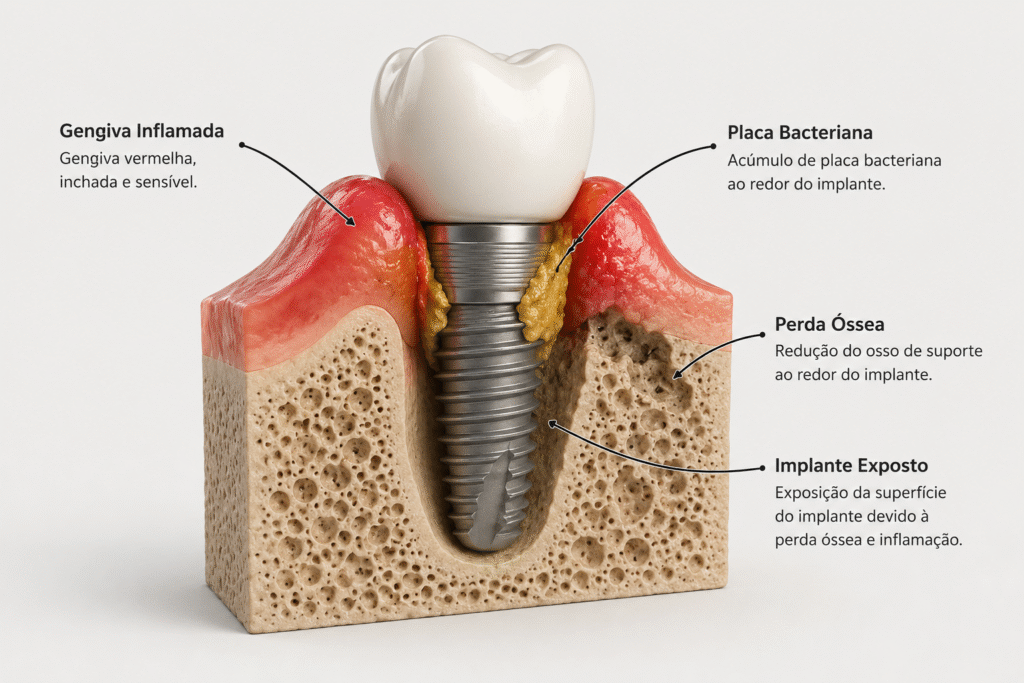 Ilustração didática de falha em implante dentário mostrando acúmulo de placa bacteriana, gengiva inflamada, perda óssea peri-implantar e exposição do implante dentário.