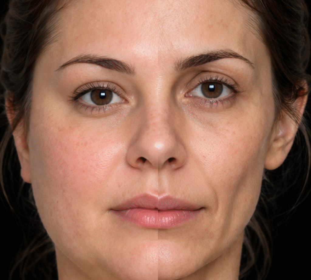 Comparação facial ilustrando perda de volume e alterações no contorno do rosto após emagrecimento significativo com Mounjaro.