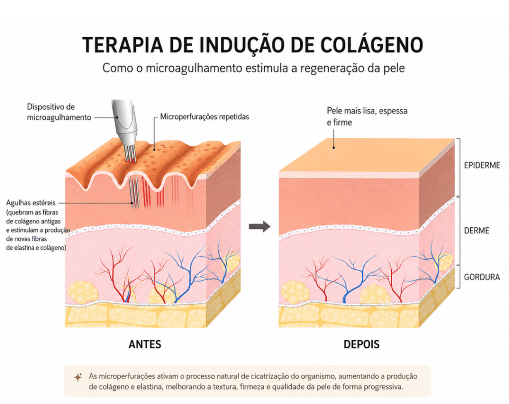 Ilustração mostrando como o microagulhamento estimula a produção de colágeno por meio de microperfurações controladas na pele.