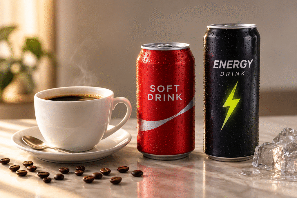 Xícara de café, lata de refrigerante e lata de energético lado a lado, representando algumas das fontes de cafeína ligadas ao bruxismo